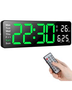 Koolertron Digital Wall Clock,13" Large Display Digital Clock,LED Digital Clock with Remote Control,Countdown Dimmer Large Clock with DST Date Week Temperature,Digital Wall Clock for Living Room Décor-Black/Green Light