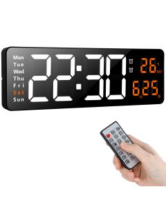Koolertron Digital Wall Clock with 16.2" LED Display, Time, Date, Temperature, Alarm, Remote Control, Auto Brightness, Daylight Saving Time Function-Black/Orange Light