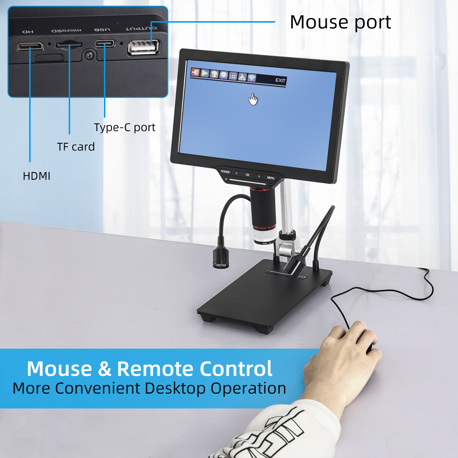 Koolertron Upgraded 10.1-inch LCD Digital Microscope Adjustable Display Stand, USB Electronic Microscope Camera with UV Mirror, with Mouse and Remote Control, WIFI