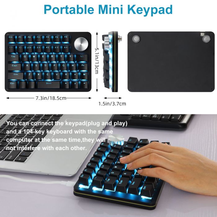 Koolertron One Handed Macro Mechanical Gaming Keyboard, Programmable Keypad,  Rotating Knob 45 Keys for Windows PC Gamers