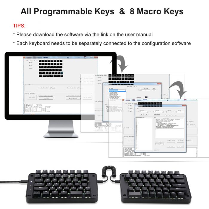 Koolertron Programmable Split Mechanical Keyboard, All 89 Keys Programmable  Ergonomic Keypad with OEM Gateron Black Switch, 8 Macro Keys