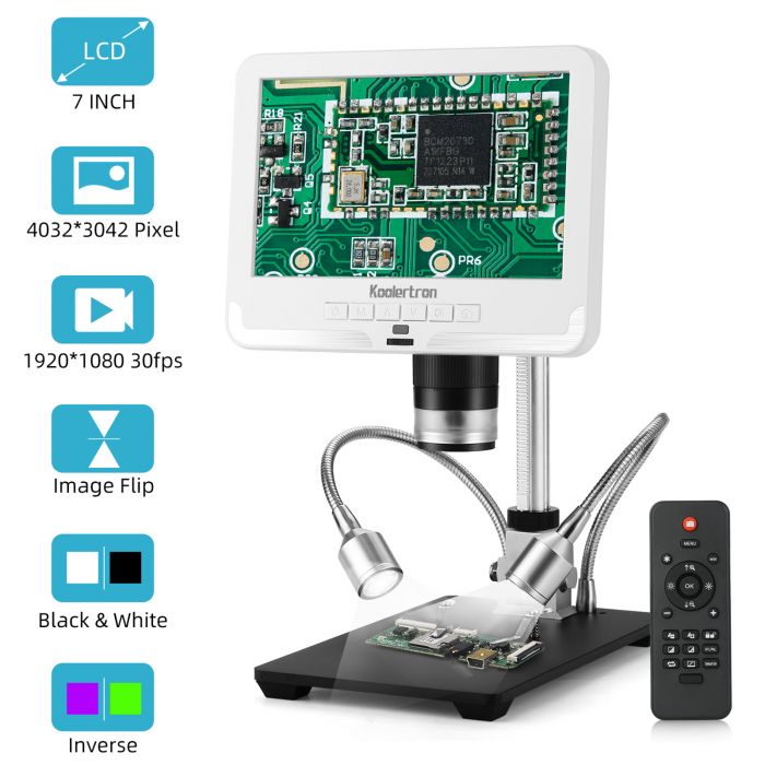 7 inch LCD Digital USB Microscope with Wired Remote 16G TF Card,Koolertron 12MP 1-1200X Magnification Camera Video Recorder,LED Fill Lights,Rechargeable Battery for Circuit Board Soldering PCB Coins 