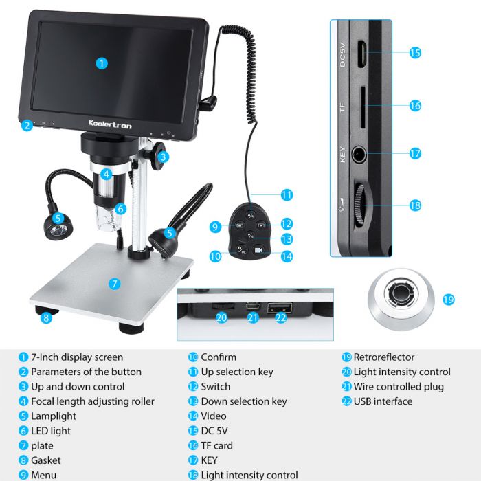 Koolertron 7 inch LCD Digital USB Microscope with 32G TF Card, Upgraded 12MP 1-1200X Magnification Camera Video Recorder,Wired Remote,Rechargeable Koolertron 7 inch LCD Digital USB Microscope with 32G TF Card, Upgraded 12MP 1-1200X Magnification Camera Video Recorder,Wired Remote,Rechargeable