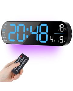 Koolertron Digital Wall Clock, Large Display, Blue LED Digital Clock with Remote Control, 8 RGB Colors, Night Lights, Countdown Dimmer Large Clock with Date Week Temperature(DF-DGCK02-BL)