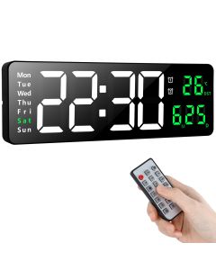 Koolertron Digital Wall Clock with 16.2" LED Display, Time, Date, Temperature, Alarm, Remote Control, Auto Brightness, Daylight Saving Time Function-Green