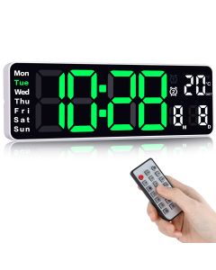 Koolertron Digital Wall Clock,13" Large Display Digital Clock,LED Digital Clock with Remote Control,Countdown Dimmer Large Clock with DST Date Week Temperature,Digital Wall Clock for Living Room Décor-White/Green Light