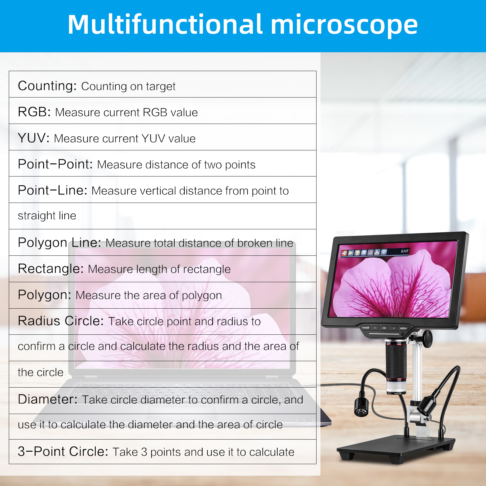 Koolertron Upgraded 10.1-inch LCD Digital Microscope Adjustable Display Stand, USB Electronic Microscope Camera with UV Mirror, with Mouse and Remote Control, WIFI