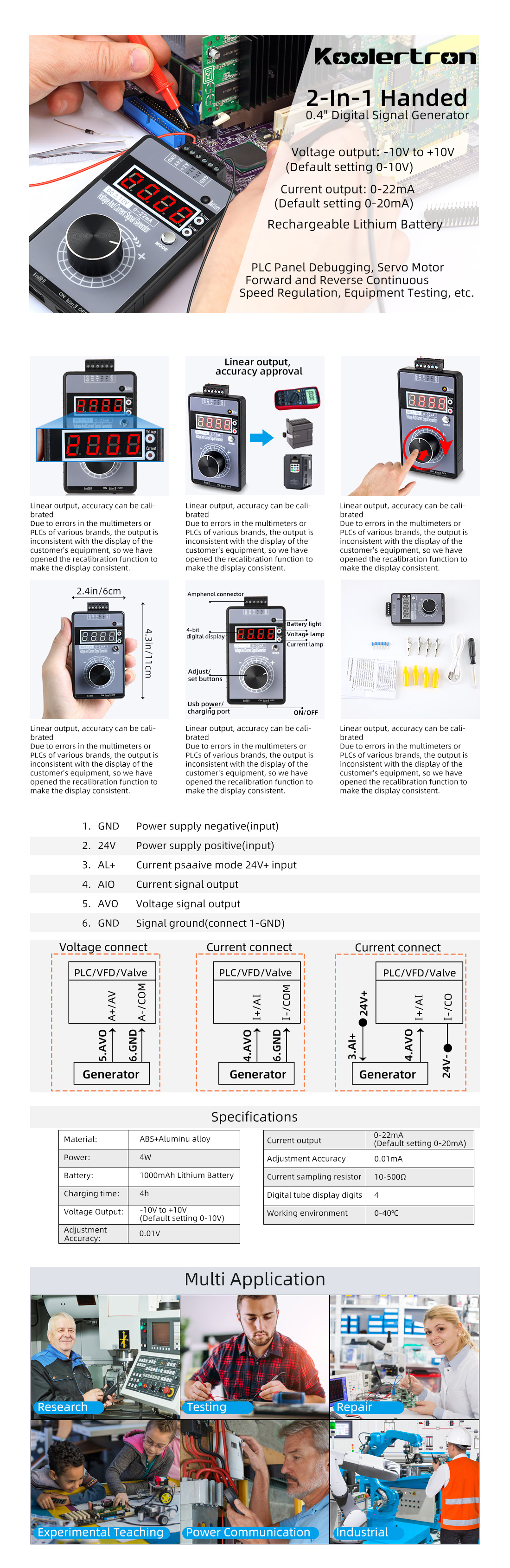 Koolertron 0/4-20mA DC 0-10V Signal Generator,2-IN-1Portable Mini Function Generator Built-in 1000mAh Rechargeable Battery,Analog Generator with 4-Digit LCD Display,Accuracy 0.01,for PLC/Panel Testing